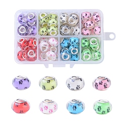 Mixed Color Acrylic European Beads, with Silver Color Plated Brass Double Cores, Large Hole Beads, Rondelle with Dog Paw Prints Pattern, Mixed Color, 14x9~10mm, Hole: 5mm, 8colors, 10pcs/color, 80pcs/box