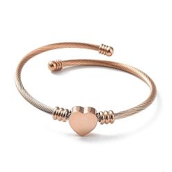 Rose Gold 304 Stainless Steel Cuff Bangle with 201 Stainless Steel Heart Beaded, Rose Gold, Inner Diameter: 2-1/4 inch(5.55~5.8cm)