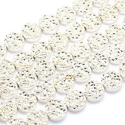 Silver Plated Electroplate Non-magnetic Synthetic Hematite Beads Strands, Grade AA, Long-Lasting Plated, Textured Flat Round, Silver Plated, 10x4mm, Hole: 1mm, about 42pcs/strand, 15.7 inch(40cm)
