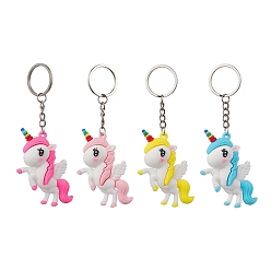 Mixed Color Cartoon Unicorn PVC Plastic Keychain, with Iron Split Key Rings, Mixed Color, 11.9cm