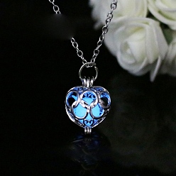 Blue Luminous Hollow Alloy Heart Pendants Necklace, Blue, 8.27~19.69 inch(21~50cm)