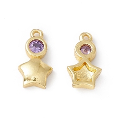 Medium Purple Brass Micro Pave Cubic Zirconia Pendants, Real 18K Gold Plated, Star, Medium Purple, 10x5.5x2mm, Hole: 0.8mm