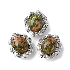 Унакит Натуральные унакитовые овальные многорядные звенья, латунные перья обернутые драгоценными камнями ссылки, платина, стойки покрытие, 16x14x7.5 мм, отверстие : 1.5 мм
