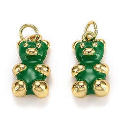 Green Real 18K Gold Plated Brass Pendants, with Enamel and Jump Rings, Long-Lasting Plated, Bear, Green, 17.5x9x5mm, Jump Ring: 5x1mm, 3mm Inner Diameter
