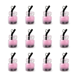 Pink Glass Bottle Pendants, with Resin Inside and Iron Findings, Imitation Bubble Tea/Boba Milk Tea, Pink, 20~25x11~14x11mm, Hole: 1.8mm