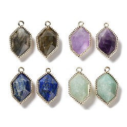 Mixed Stone Natural Mixed Gemstone Pendants, Faceted Hexagon Charms with Rack Plating Golden Plated Brass Edge Loops, 22.5x13x6.5~7mm, Hole: 1.5~1.6mm