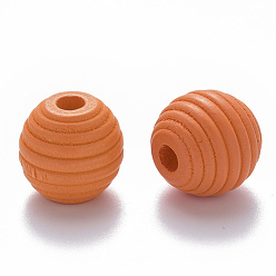 Orange Painted Natural Wood Beehive European Beads, Large Hole Beads, Round, Orange, 18x17mm, Hole: 4.5mm