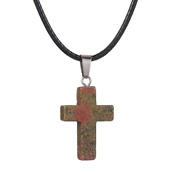 Unakite Natural Unakite Cross Pendant Necklaces, with Imitation Leather Cords, 17.80 inch(45.2cm)