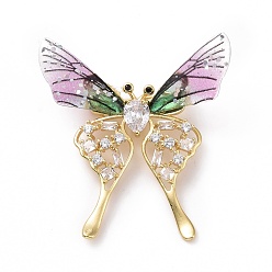 Violet Resin Butterfly Lapel Pin with Clear Cubic Zirconia, Real 18K Gold Plated Brass Badge with Loop for Jewelry Pendant, Cadmium Free & Lead Free, Violet, 49x47x5mm