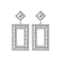 Silver + White Exaggerated Fashion Alloy Inlaid Rhombus Earrings for Women - Full Diamond, Geometric Party Ear Jewelry.