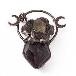 Amethyst Natural Amethyst Big Pendants, Flower Charms, with Rack Plating Red Copper Tone Brass Findings and Green Fluorite, Cadmium Free & Lead Free, 62~68x58x23~30mm, Ring: 9x1.5mm, Hole: 6mm