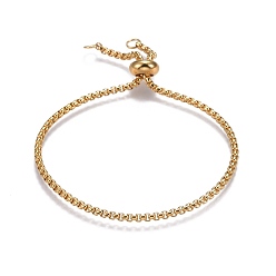 Golden Adjustable 304 Stainless Steel Slider Bracelets, Bolo Bracelets, with Box Chains and Slider Stopper Beads, Golden, 9-1/2 inch(24cm), 2.5mm