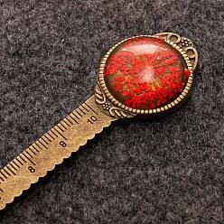 Red Alloy Ruler Bookmark, Glass Cabochon Bookmark with Dried Queen Anne's Lace Flower Inside, Red, 120mm
