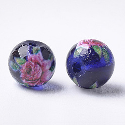 Blue Printed & Spray Painted Transparent Glass Beads, Round with Flower Pattern, Blue, 8~8.5x7.5mm, Hole: 1.4mm