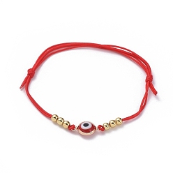 Red Adjustable Nylon Thread Braided Bead Bracelets, Red String Bracelets, with Brass Beads and Brass Enamel Evil Eye Links connectors, Red, 1-3/4 inch(46mm)~3-1/4 inch(82mm)