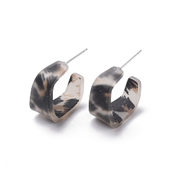 Black Cellulose Acetate(Resin) Rectangle Stud Earrings, 304 Stainless Steel Half Hoop Earrings for Women, Black, 24x12x23.5mm, Pin: 0.7mm