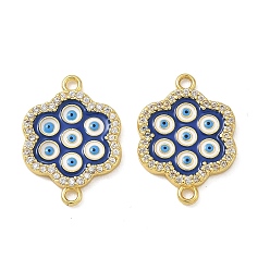 Blue Brass Micro Pave Clear Cubic Zirconia Connector Charms, Flower with Evil Eye Links, with Enamel, Blue, 20x14.5x2mm, Hole: 1.5mm