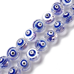 Blue Transparent Evil Eye Glass Beads Strands, with Enamel, Faceted, Flat Round, Blue, 10x8~8.5mm, Hole: 1.4mm, about 40pcs/strand, 14.57''(37cm)