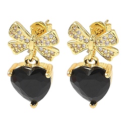 Negro Pendientes colgantes de latón con micro circonitas cúbicas para mujer, bowknot y corazón, con vidrio, larga duración plateado, chapado en rack, sin plomo y el cadmio, dorado, negro, 22.5x13 mm
