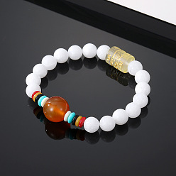 White bead bracelet. Retro Agate Beaded Bracelet with Cat's Eye Mantra for Men and Women