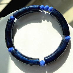 Midnight Blue Acrylic Curved Tube Beaded Stretch Bracelet, Imitation Gemstone Jewelry for Women, Midnight Blue