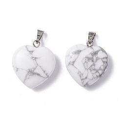 Howlite Natural Howlite Pendants, Heart, with Brass Findings, Platinum, 22~23x20~20.5x6~7.5mm, Hole: 5x8mm