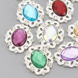 Mixed Color Alloy Acrylic Rhinestone Cabochons, with Rhinestone, Faceted, Oval, Silver Color Plated, Mixed Color, 31x27x5mm
