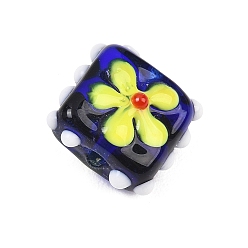 Синий Ручной работы ухабистым Шарики Lampwork, прямоугольник с цветочным узором, синие, 16~17x16~17x9~11 мм, отверстие : 1.6~1.8 мм
