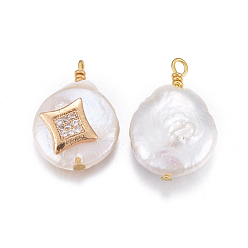 Clair Pendentifs de perles d'eau douce de culture naturelle, avec accessoires zircon cubique micro pave en laiton, pépites avec étoile, or, clair, 17~26x11~16x5~11mm, Trou: 1.6~2mm