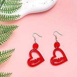 Красный Акриловые серьги-подвески ко Дню матери, сердце со словом мама, платина, красные, 75x40 мм