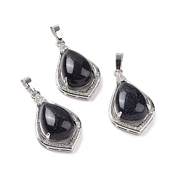 Blue Goldstone Synthetic Blue Goldstone Pendants, Teardrop Charms, with Platinum Tone Rack Plating Brass Findings, 32x19x10mm, Hole: 8x5mm