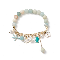 Amazonite Natural Flower Amazonite & Shell Pearl Beaded Stretch Bracelet, Alloy Enamel Starfish & Shell & Fish Charms Bracelet with Curb Chains for Women, Inner Diameter: 2-1/4 inch(5.6cm)