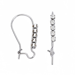 Stainless Steel Color 304 Stainless Steel Hoop Earrings Findings Kidney Ear Wires, with Clear Cubic Zirconia, Stainless Steel Color, 24x13mm, Pin: 0.7mm
