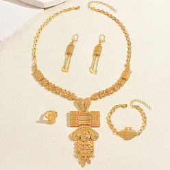 Golden Vintage Alloy Rectangle Tassel Bracelets & Earrings & Necklaces & Rings Sets for Women, Golden, 21.85 inch(55.5cm)