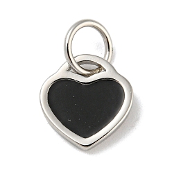 Black Rack Plating Brass Charms, with Jump Ring and Enamel, Cadmium Free & Lead Free, Long-Lasting Plated, Heart Charm, Platinum, Black, 10x9.5x1mm, Hole: 4.4mm