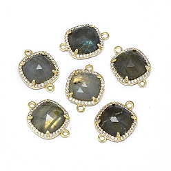 Labradorite Natural Labradorite Links connectors, with Golden Tone Brass Findings and Cubic Zirconia, Faceted, Square, Clear, 18.5~19x13.5x4.5mm, Hole: 1.6mm