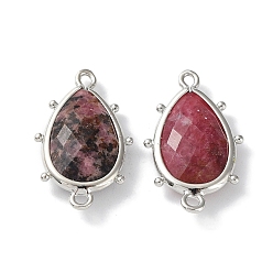 Rhodonite Natural Rhodonite Connector Charms, with Platinum Plated Brass Edge Loops, Faceted, Teardrop, 24x14.5x5mm, Hole: 1.2mm & 1.4mm
