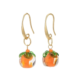Dark Orange Lampwork Persimmon Dangle Earrings, Light Gold Brass Jewelry for Women, Dark Orange, 39mm, Pin: 0.9~1mm