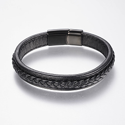 Black Braided Leather Cord Bracelets, with 304 Stainless Steel Magnetic Clasps, Black, 8-5/8 inch(220mm), 29x14x8mm
