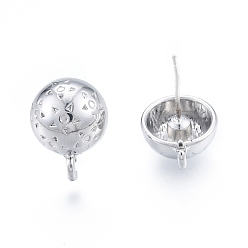 Platinum Rack Plating Alloy Stud Earring Findings, with Vertical Loops and 304 Stainless Steel Steel Pins, Half Round, Cadmium Free & Nickel Free & Lead Free, Platinum, 16x12mm, Hole: 2mm, Pin: 0.6mm