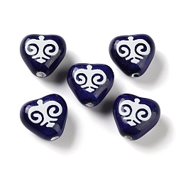 Прусский Синий Печатные ручной фарфоровые бусы, сердце с символами, берлинская лазурь, 16~16.5x16.5~17.5x9~9.5 мм, отверстие : 1.8~2 мм