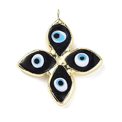 Black Handmade Lampwork Big Pendants, with Eco-friendly Ligh Gold Brass Findings, Long-Lasting Plated, Cadmium Free & Lead Free, 4-Petal Flower with Evil Eye Charm, Black, 53x46x4mm, Hole: 4.5mm