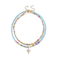 Mixed Color 2Pcs 2 Style Glass Seed Pearl Beaded Necklaces Set, Alloy Enamel Balloon Charm Necklaces for Women, Mixed Color, 14.69 inch(37.3cm), 16.1 inch(40.9cm), 1Pc/style