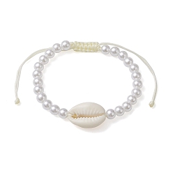 Seashell Color Adjustable ABS Plastic Imitation Pearl & Acrylic Shell Shape Braided Bead Bracelets, Seashell Color, Inner Diameter: 2~3-1/2 inch(5.2~9cm)