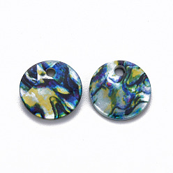 Colorful Printed Freshwater Shell Charms, Flat Round, Colorful, 12.5x1~2.5mm, Hole: 1.4~1.6mm