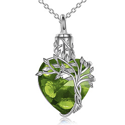 Green Heart with Tree of Life Glass Urn Pendant Necklaces, Stainless Steel Chain Necklaces, Green, 21.65 inch(55cm)