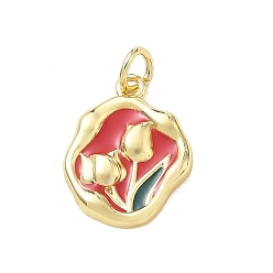Rot Messing Emaille-Anhänger, Blume Reize, Gestell, langlebig überzogen, cadmiumfrei und bleifrei, echt 18 k vergoldet, rot, 17.5x13.5x3.5 mm, Bohrung: 3 mm