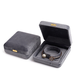 Dark Gray Square Velvet Bracelet Storage Boxes, Jewelry Gift Case for Bracelet, with Golden Tone Iron Clip, Dark Gray, 90x90x40mm
