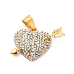 Golden 304 Stainless Steel Crystal Rhinestone Pendants, Heart & Arrow Charm, Golden, 23x34x7mm, Hole: 6x5mm