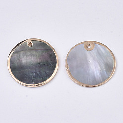 Gray Natural Black Lip Shell Pendants, with Brass Findings, Edge Golden Plated, Flat Round, Gray, 25x1.5~2.5mm, Hole: 1.5mm